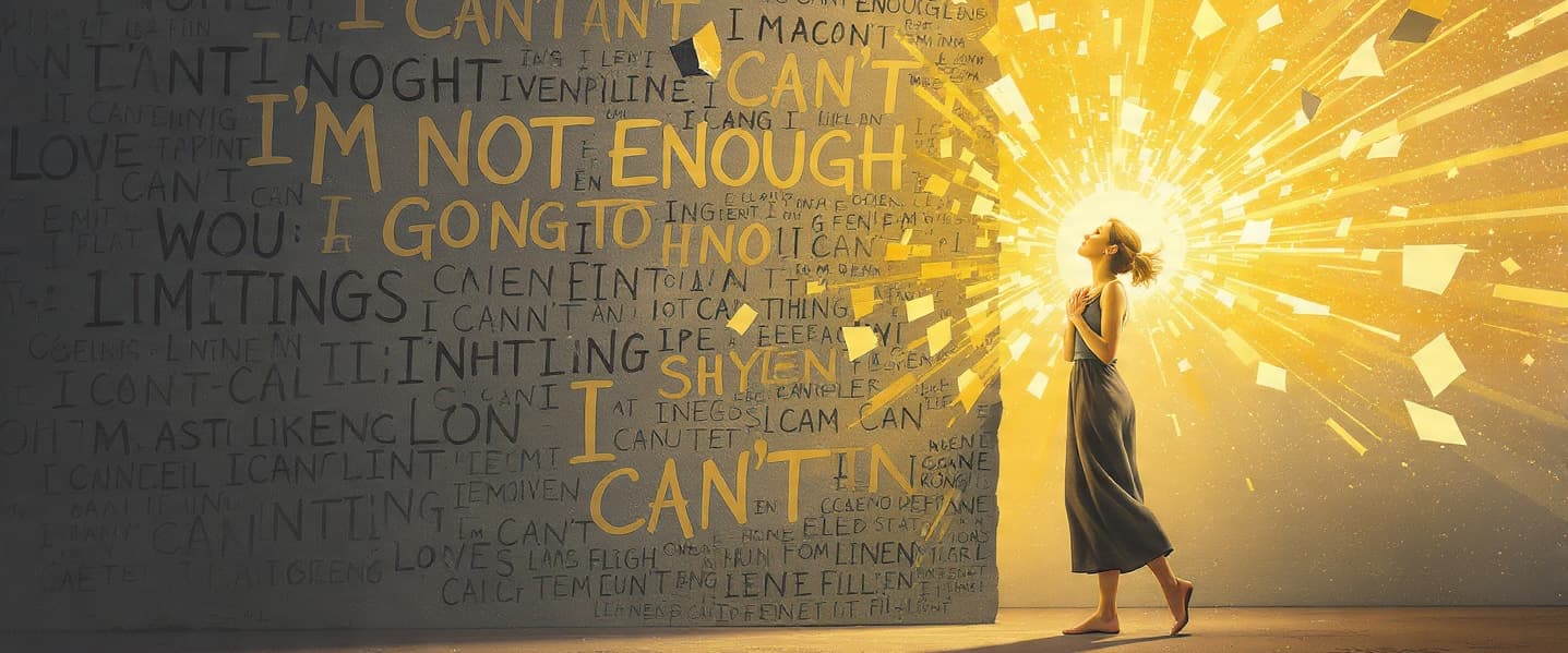 Ilustración 16:9, estilo cálido y realista. Mujer adulta de pie frente a un muro de palabras grises: ‘no puedo’, ‘no soy suficiente’, ‘voy a fallar’, que representan creencias limitantes. Algunas palabras se rompen y se transforman en luz dorada que la rodea. La mujer da un paso hacia adelante, mano en el corazón, expresión de alivio y confianza. Fondo suave en tonos tierra con toques dorados, atmósfera de esperanza, gestión emocional y crecimiento personal. Imagen para portada de artículo de psicología sobre cómo trascender las creencias limitantes.