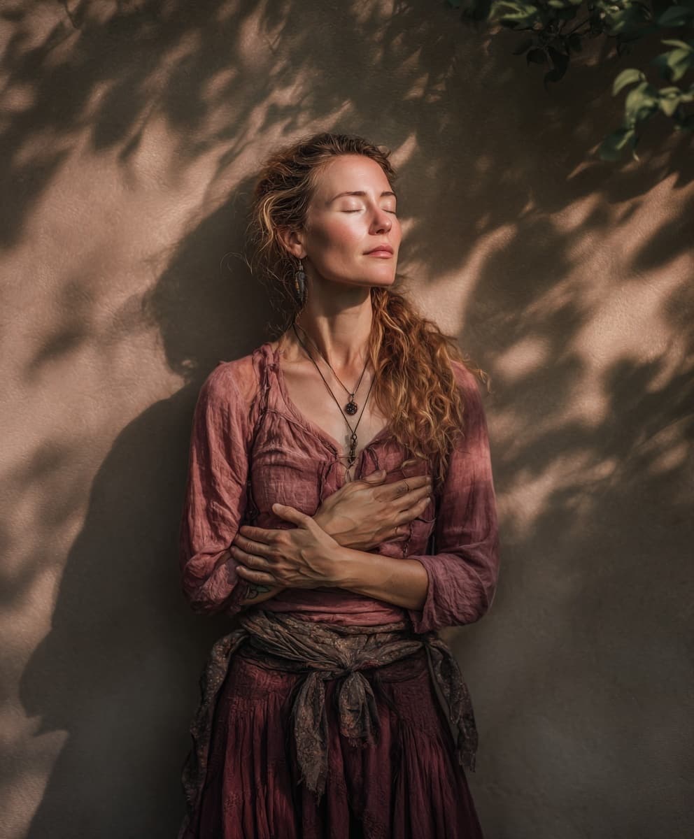Mujer con manos en el corazón y abdomen, representando el trabajo terapéutico corporal dentro de un proceso de gestión emocional y transformación profunda, en un entorno cálido y natural
