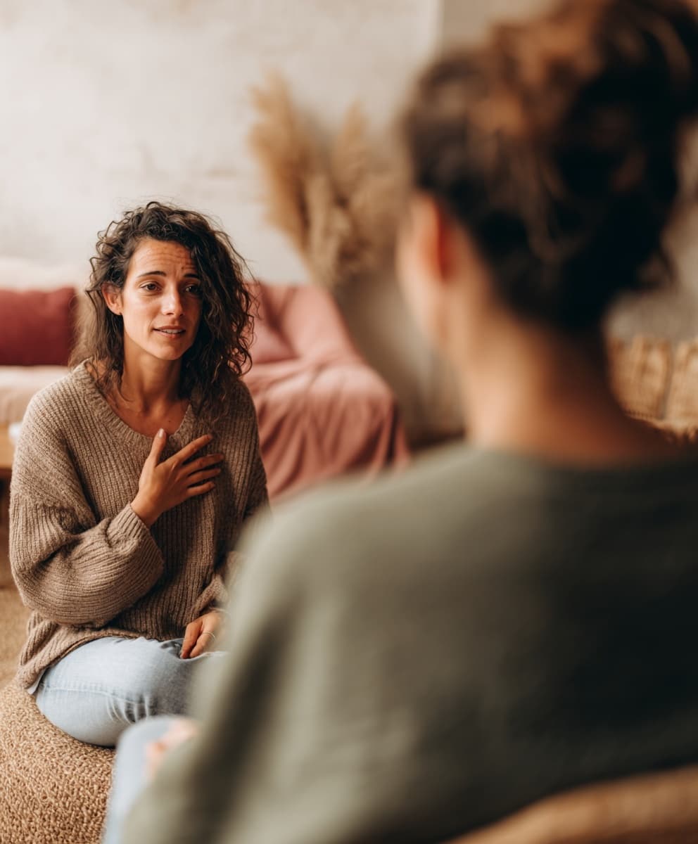 Mujer con los ojos cerrados y mano en el corazón, rodeada de tonos suaves. Imagen que representa la escucha interna y la gestión emocional profunda del servicio 1:1