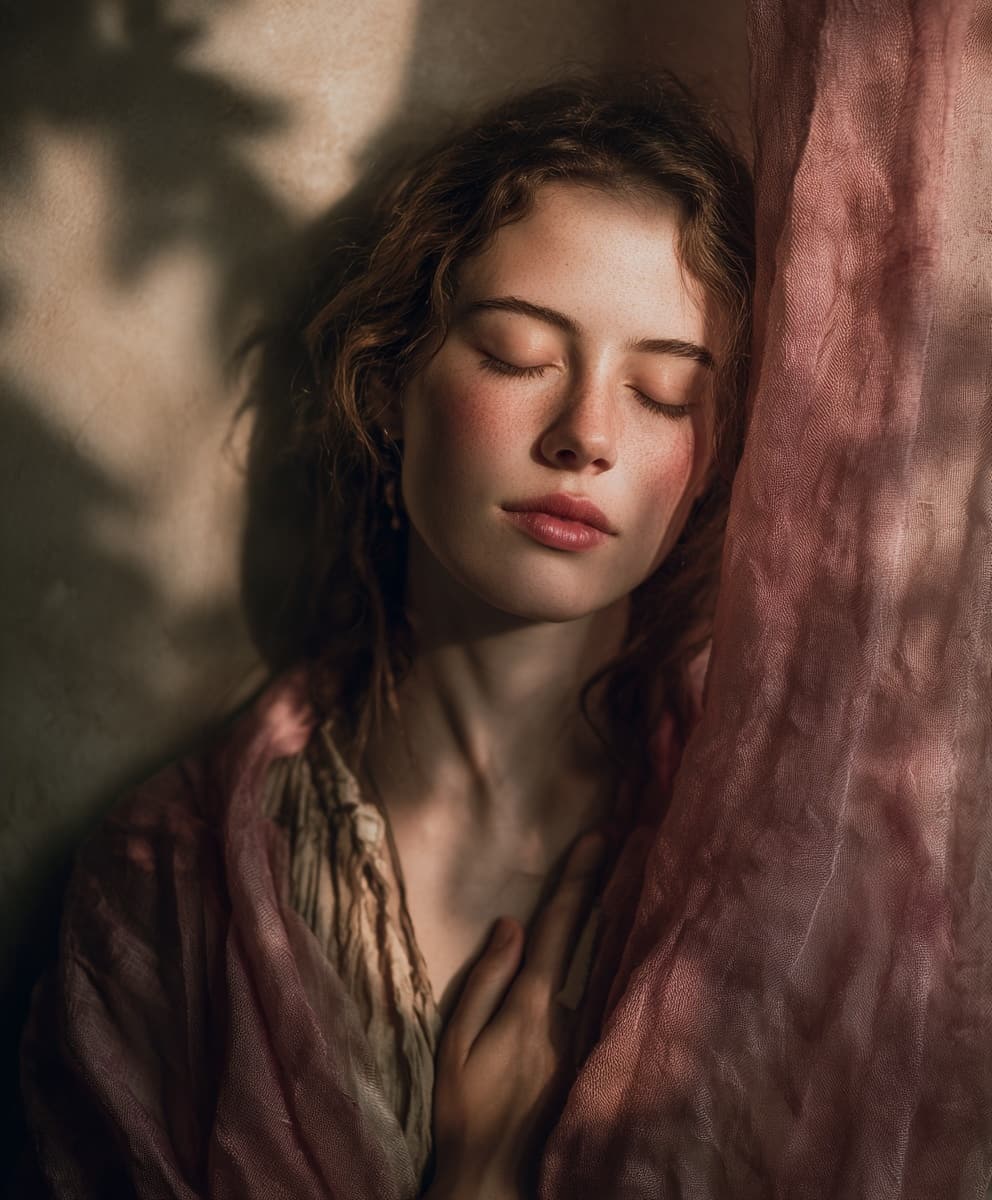 Mujer en calma y con los ojos cerrados en un proceso de gestión emocional, rodeada de telas suaves en tonos rosa claro y verde salvia, simbolizando el alivio emocional y la reconexión interior