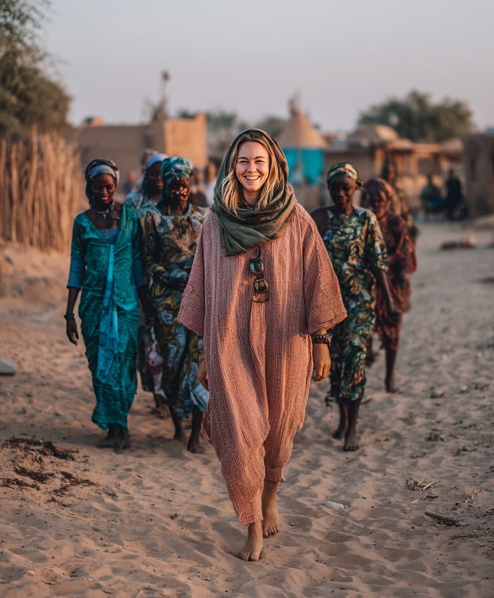 Mujer caminando entre casas locales en Senegal, rodeada de comunidad y naturaleza. Imagen de las vacaciones conscientes organizadas por Aura para reconectar desde la sencillez