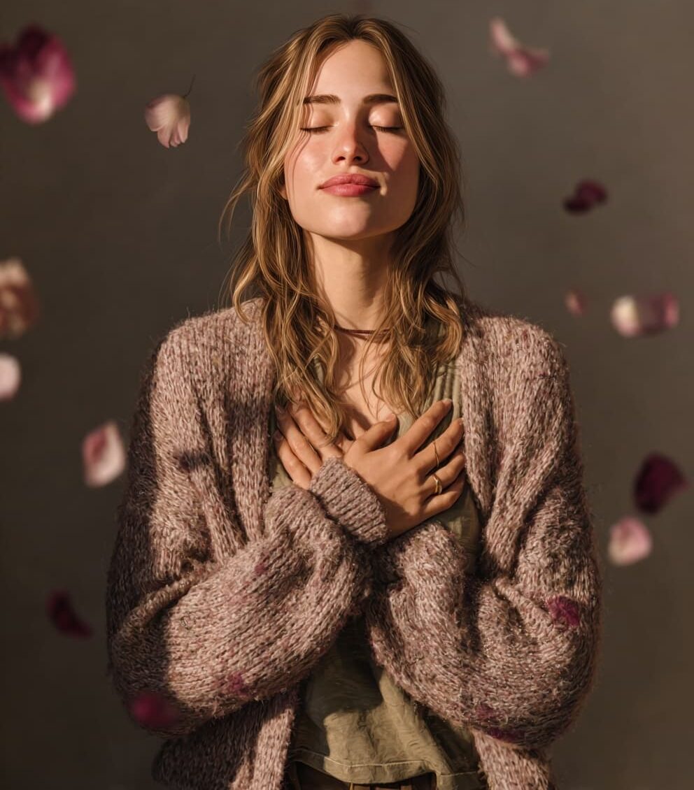 Mujer segura de sí misma, conectada con su interior, reflejando plenitud y calma. Representación visual de los servicios de gestión emocional y acompañamiento consciente de Aura Grifoll