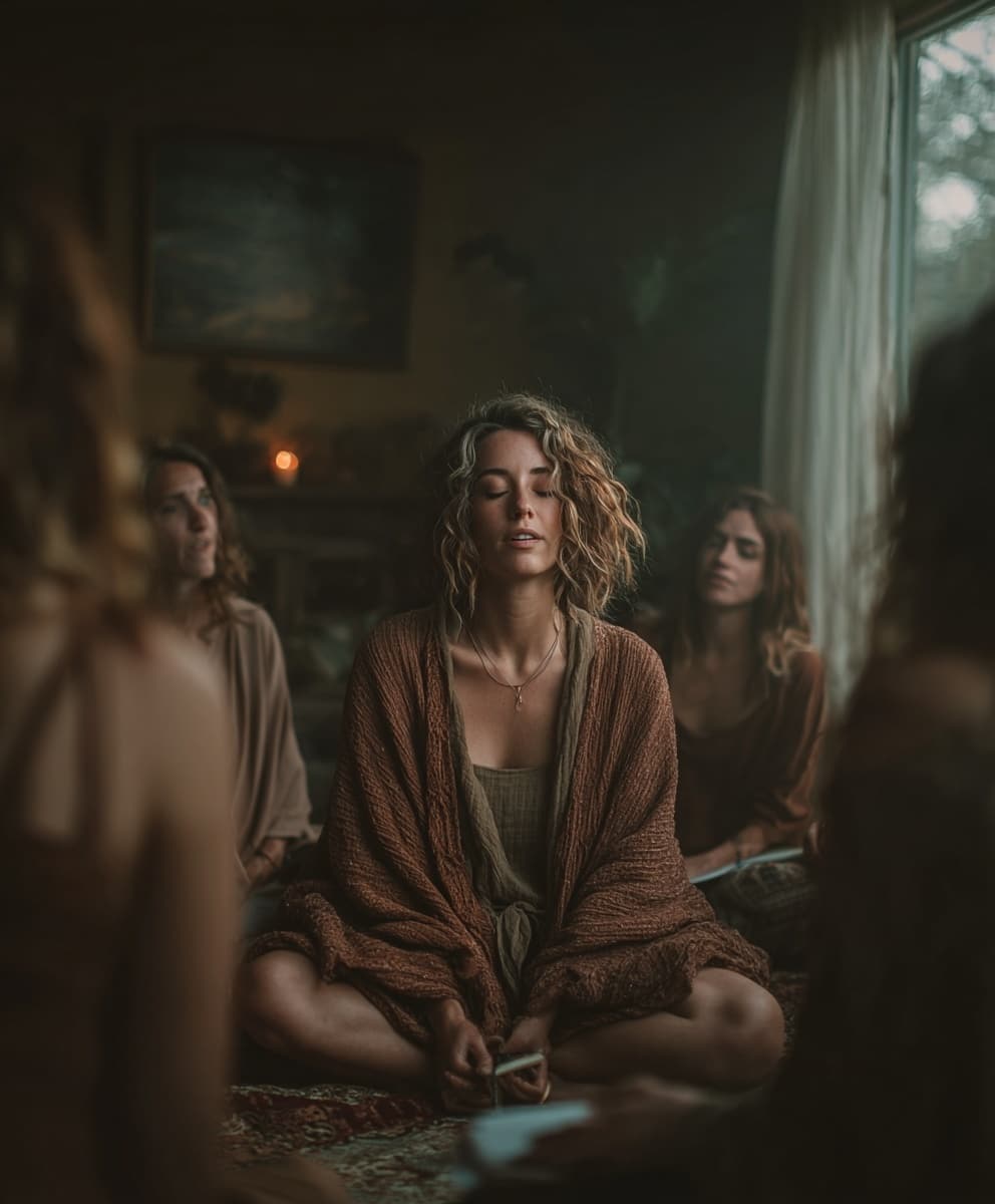 Mujer guiando a otras con gestos abiertos, en un taller emocional vivo.