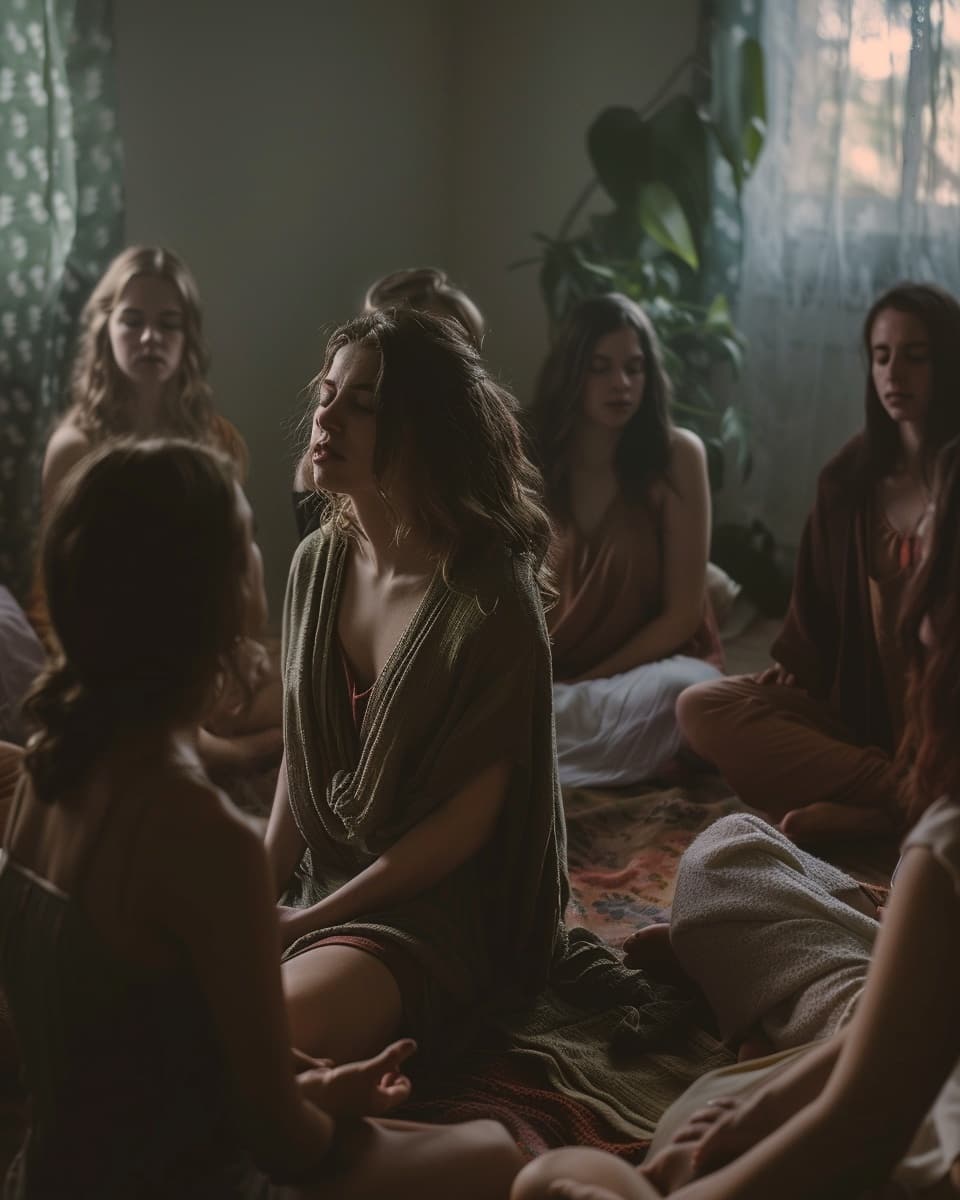 Grupo de mujeres en círculo, compartiendo desde el cuerpo y la emoción.