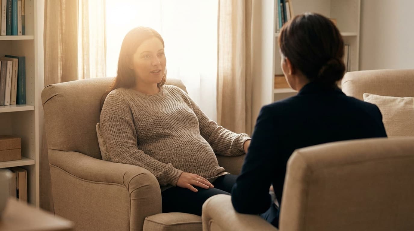 mujer embarazada en sesión de acompañamiento emocional hablando con una psicóloga